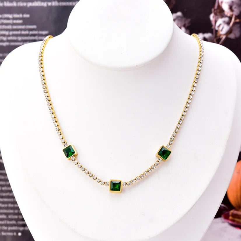 Emerald three square Zirconia Necklace